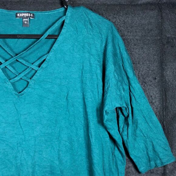 Express Womens Shirt Dark Teal 3/4 Sleeve Open Cross Chest Modal Blend Small - Picture 5 of 12